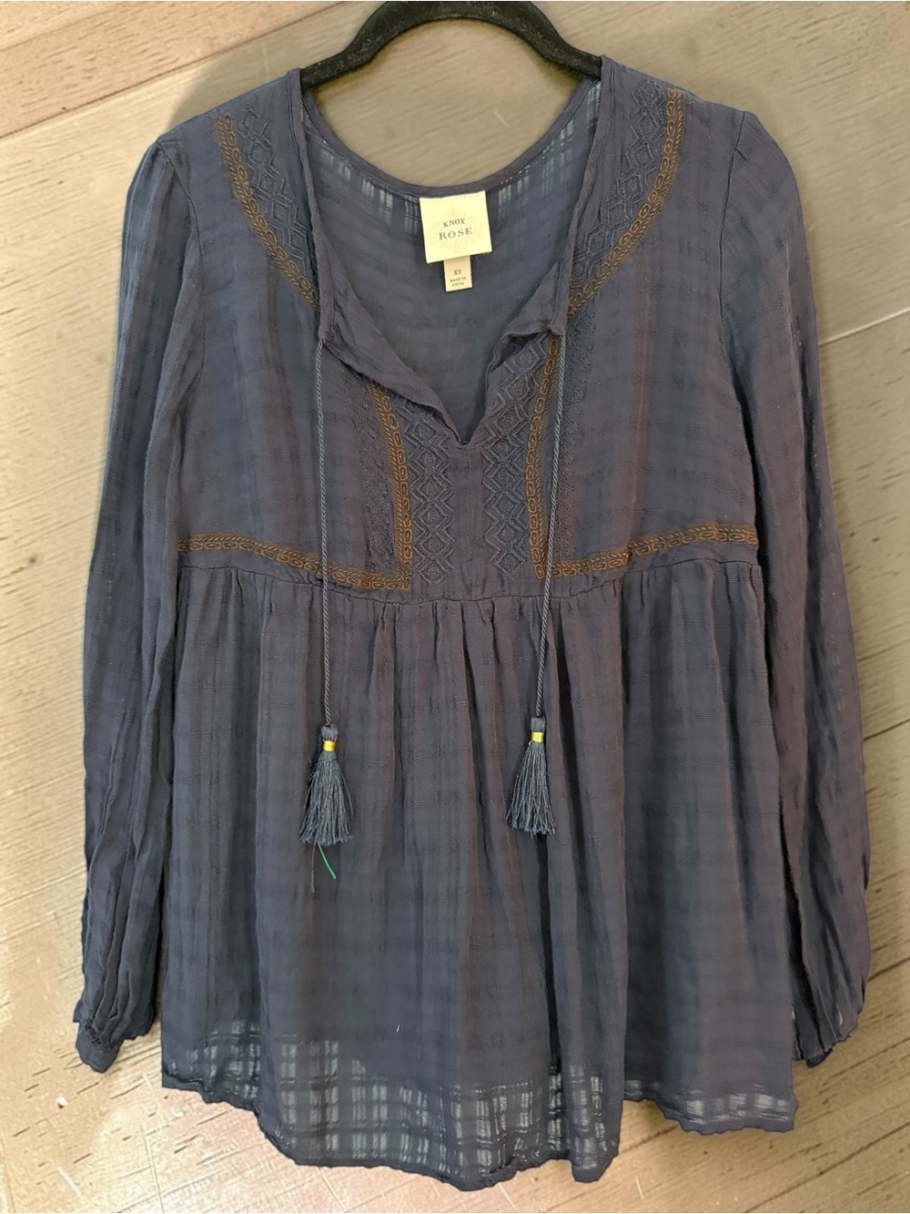 Knox Rose Peasant Blouse XS Sheer Navy Embroidered Tassel Tie Boho Top